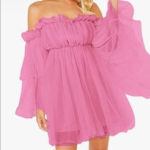 Women's Romantic Off Shoulder Flounce Long Sleeve Wedding Ruffle Mesh Mini Dress